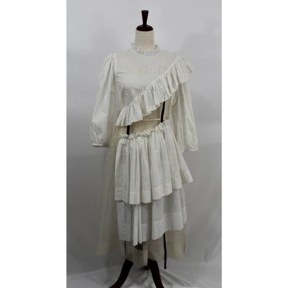 Women's Sz 4 6 Ivory Eyelet Platelet Dress Midi Layered - Picture 15 of 16